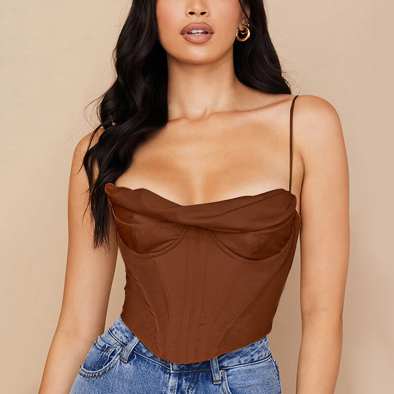 Sexy Stacked Neck Satin Fishbone Chest Pad Tank Top