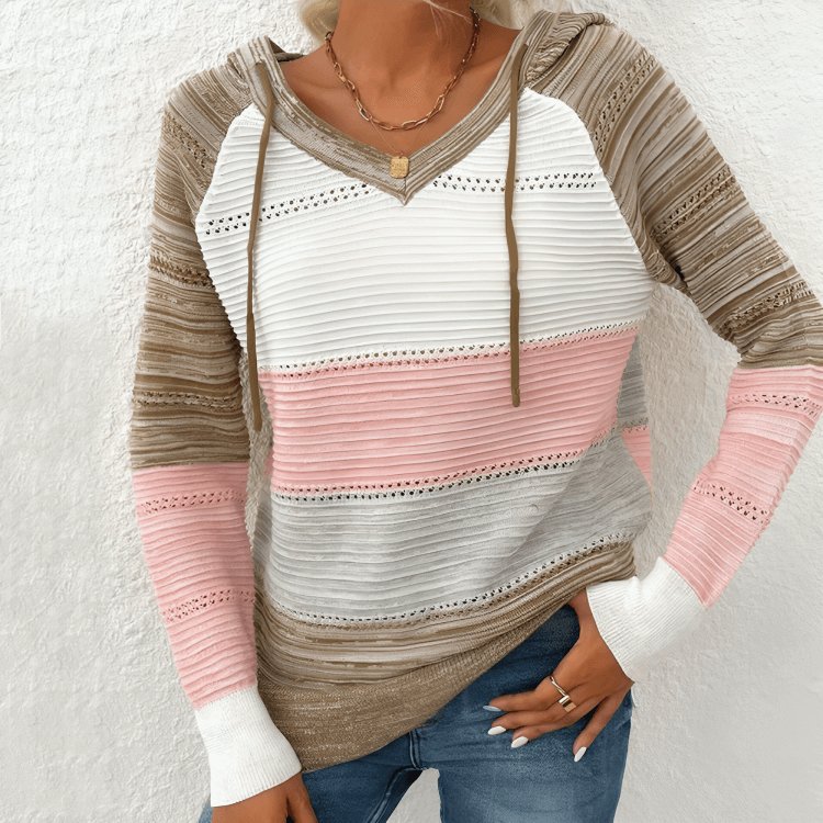 Sweet Tea Striped Open-Knit Long Sleeve Hooded Pullover