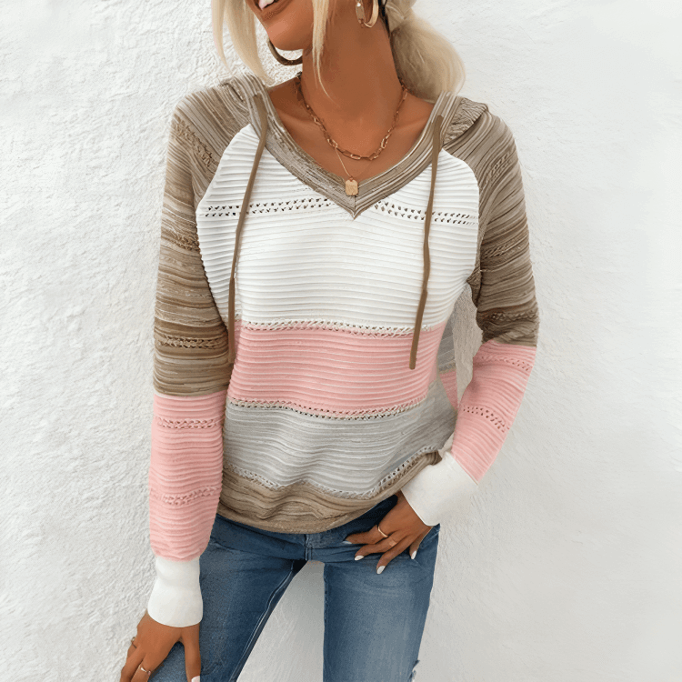 Sweet Tea Striped Open-Knit Long Sleeve Hooded Pullover