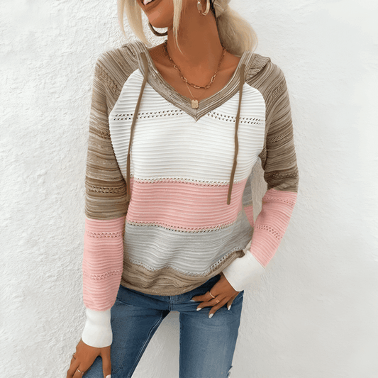 Sweet Tea Striped Open-Knit Long Sleeve Hooded Pullover