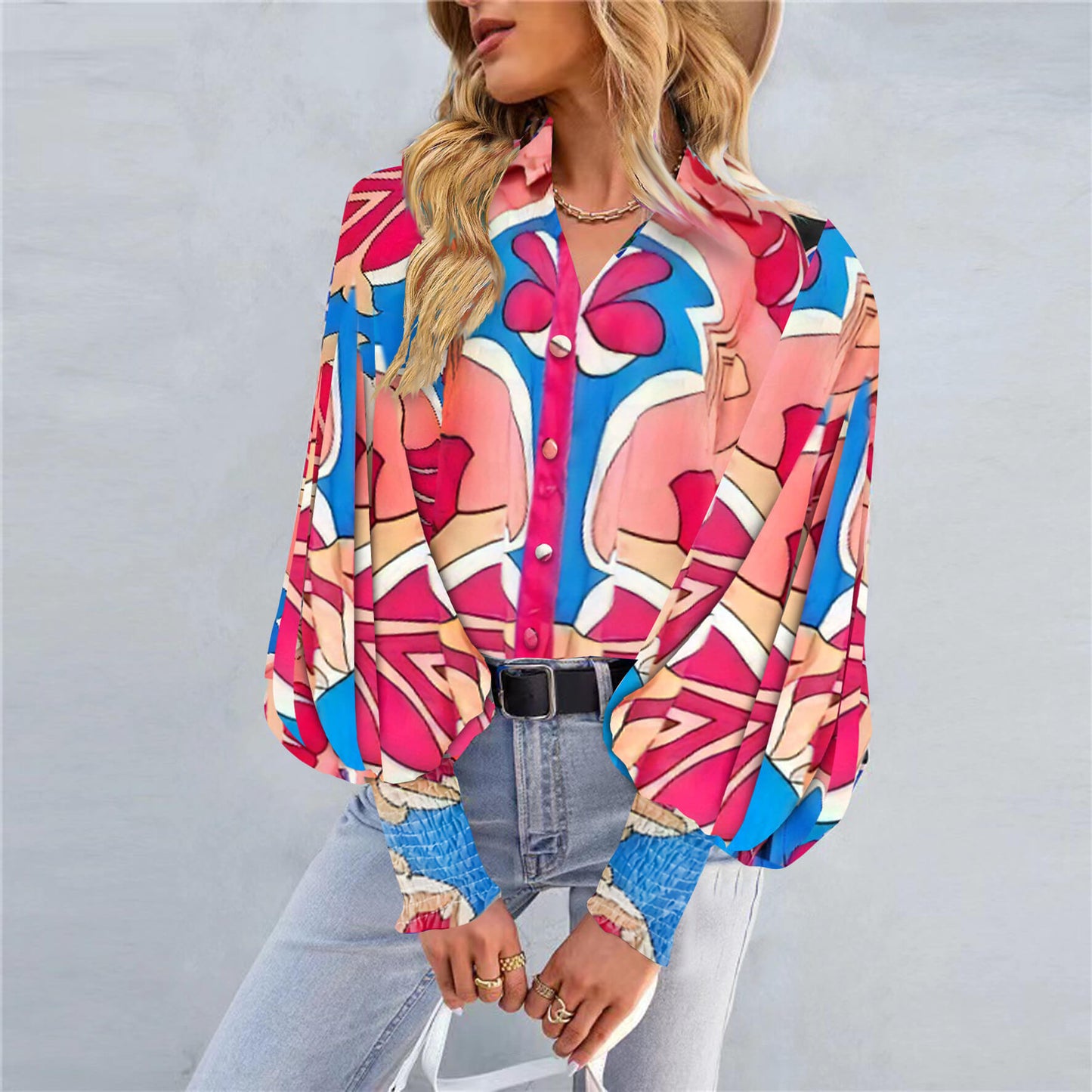 Printed Lapel Lantern Long Sleeve Shirt