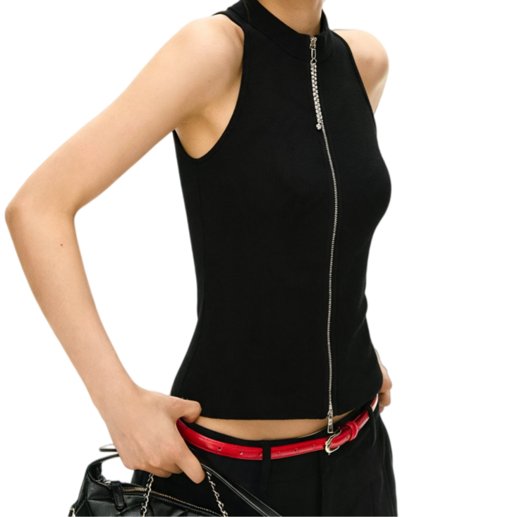 REINAREA | Women Mock Neck Full Zip Sleeveless Knit Tank Top | Rhinestone Chain Detail Slim Fit Cropped Black Top | Y2K Streetwear Casual Vest