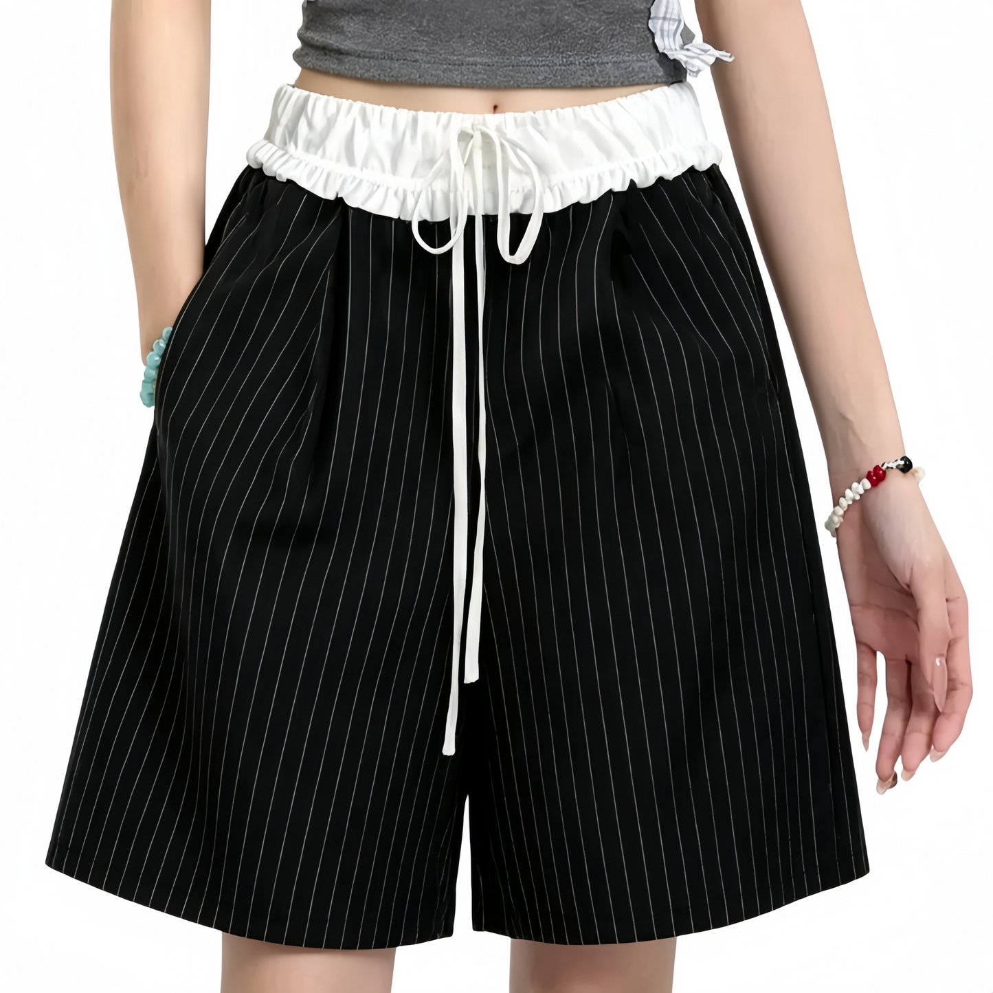 REINAREA | Women's Vintage Striped Wide-Leg Suit Shorts | High Waist Straight Leg 2026 Summer Casual Pants