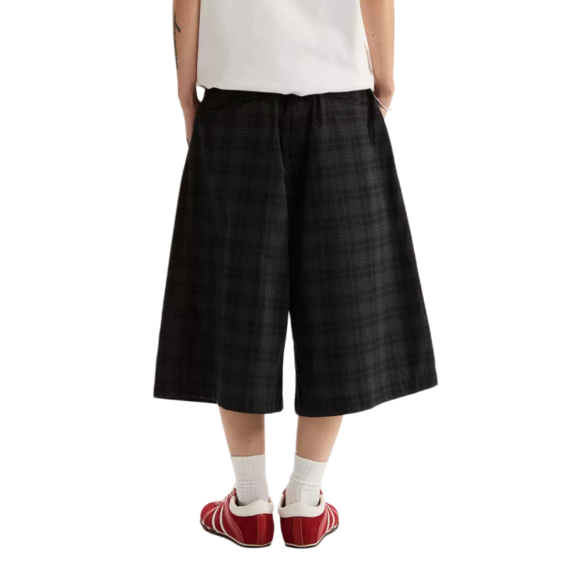 REINAREA | Vintage Green Plaid Wide Leg 7/8 Pants | Elastic Waist Loose Casual Culottes