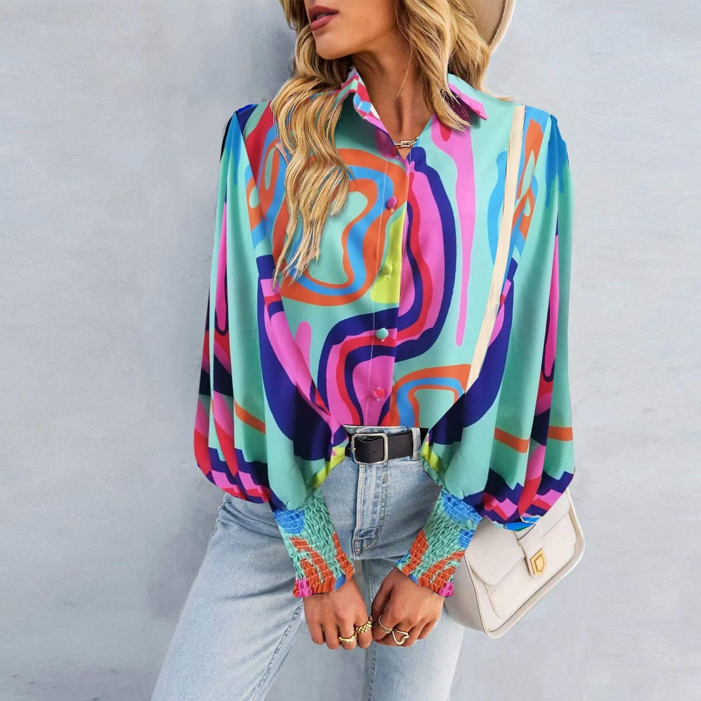 Printed Lapel Lantern Long Sleeve Shirt
