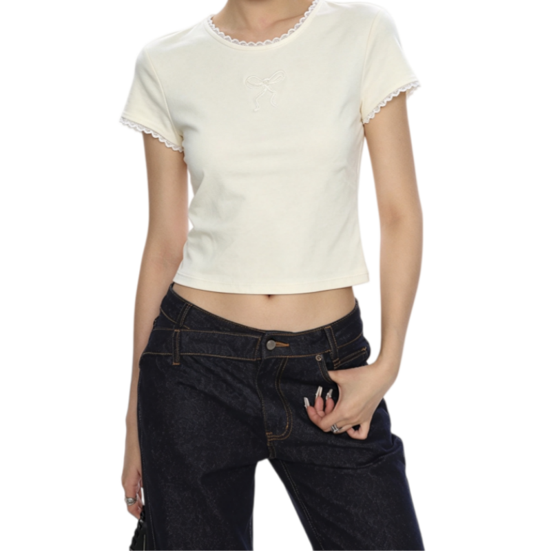 REINAREA | Women Lace Trim Crew Neck Crop T-Shirt | Bow Embroidery Slim Fitted Y2K Short Sleeve Top
