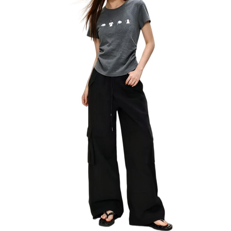 REINAREA | Women Side Ruched Crop T-Shirt | Cute Cartoon Puppy Print Slim Fit Short Sleeve Crew Neck Top