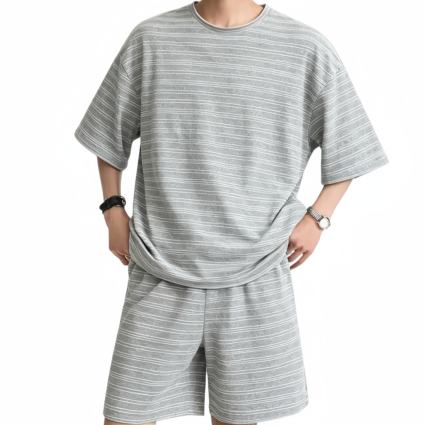 REINAREA | Men's Retro Striped 2 Piece Outfit | Summer Loose Fit Short Sleeve T-Shirt & Shorts Set | Casual Loungewear for Couples