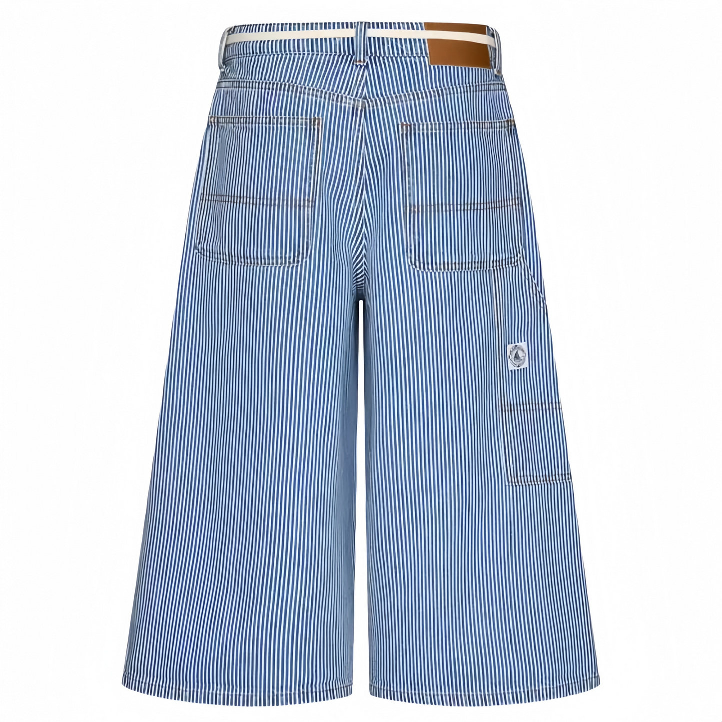 REINAREA | Women Striped Wide Leg Capri Jeans | Drawstring Bead Tassel Waist Loose Cropped Denim Culottes