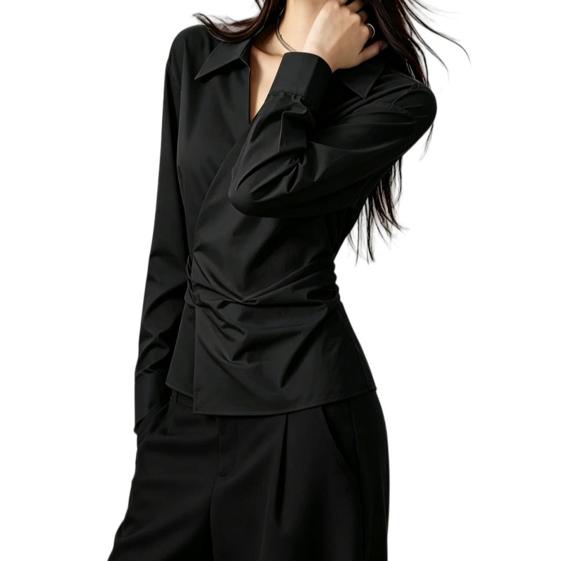 REINAREA | 2026 Fall Women Wrap Twist Waist Shirt | Long Sleeve Collared Slim Fit Blouse | Elegant Ruched Design Casual Office Top | Black White Two Colors