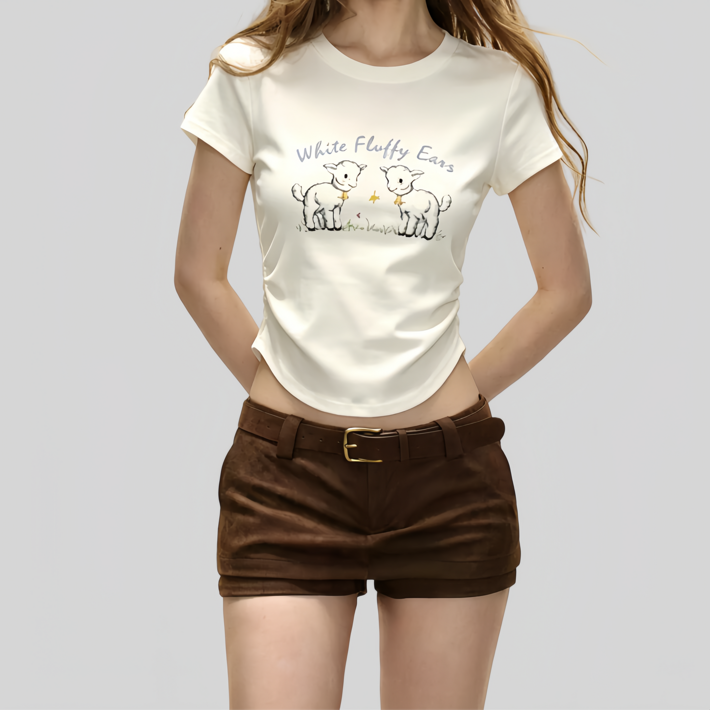 REINAREA | Women Cute Lamb Print Ruched Crop T-Shirt | Summer Casual Crew Neck Fitted Short Sleeve Curved Hem Top