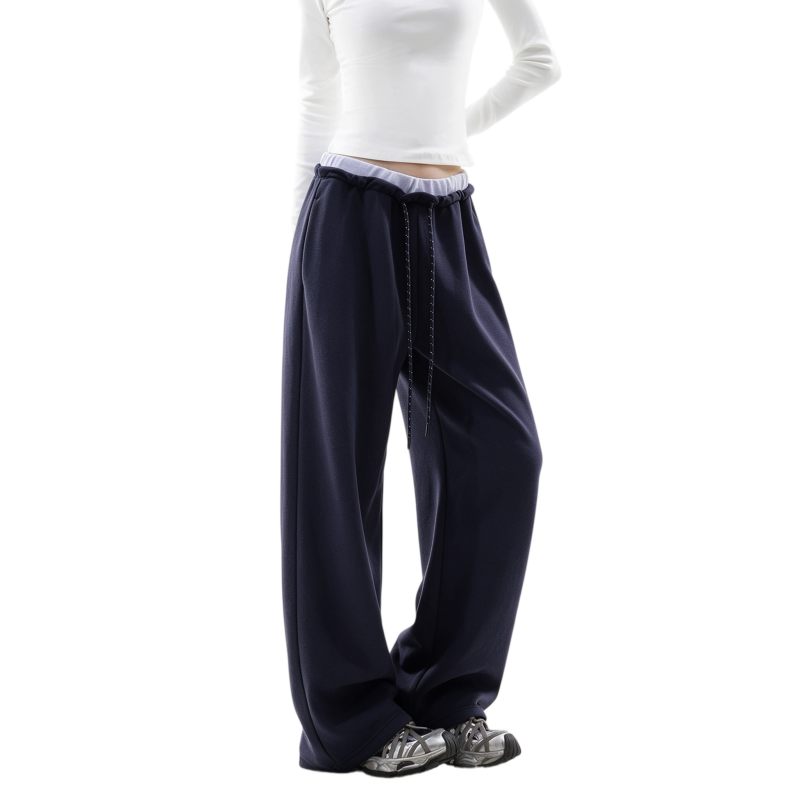 REINAREA | Fall 2026 New Arrival Women's Contrast Waist Wide Leg Sweatpants | Fake Two Piece Drawstring Drapey Relaxed Straight Casual Trousers for Daily Loungewear Streetwear