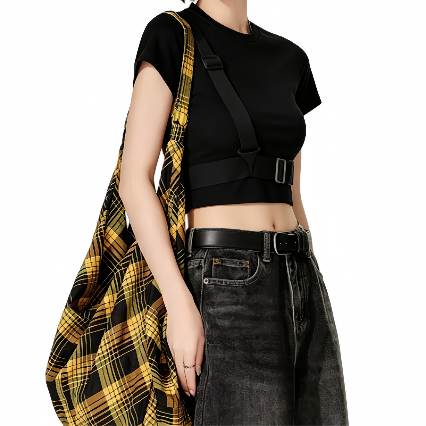 REINAREA | Women's Techwear Harness Crop Top | Cool Buckle Strap Short Sleeve Slim Fit Cropped T-Shirt | Edgy Streetwear Y2K Grunge Tee for Dance Club