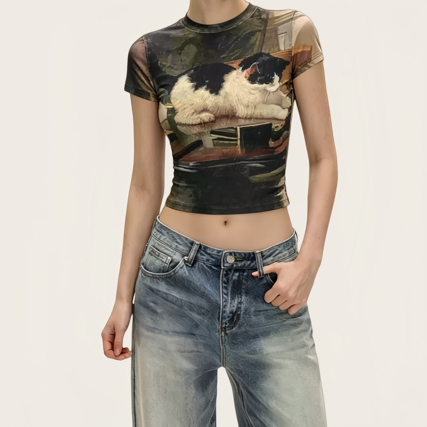 REINAREA | Women Vintage Cat Print Crop T-Shirt | Plus Size Slimming Fitted Short Sleeve Top | Y2K Hot Girl Crew Neck Cropped Tee