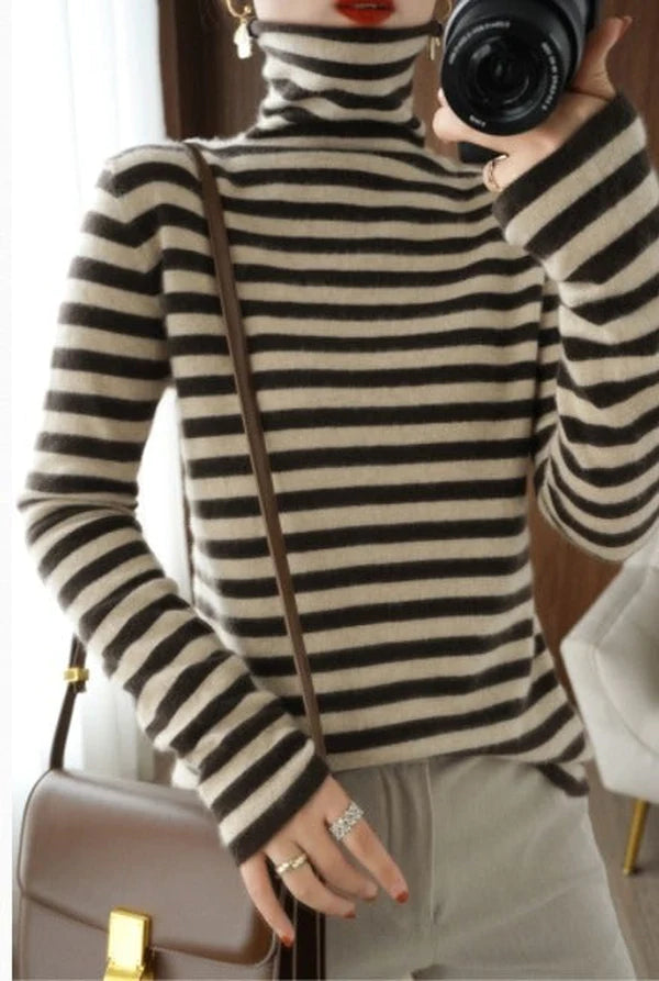 Neutral and Coffee Horizontal Striped Turtleneck Sweater
