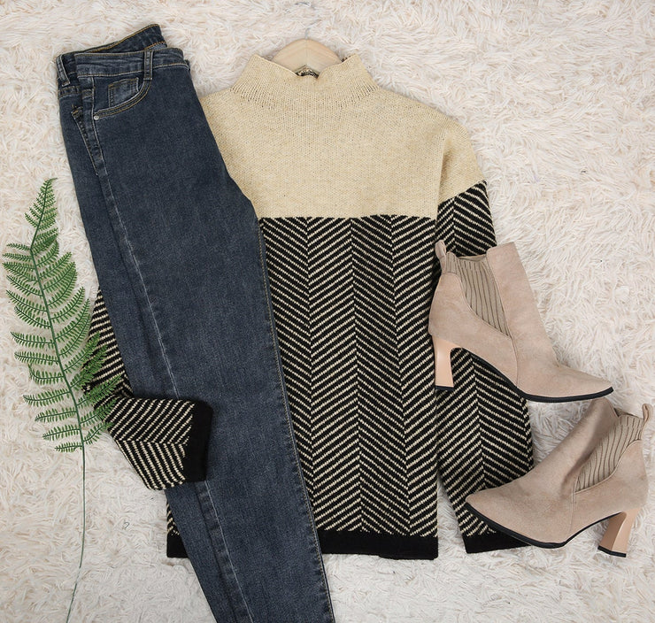 Apricot Chevron High Neck Sweater