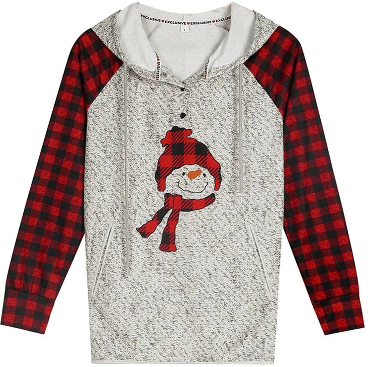 Red and Black Plaid Snowman Buttoned Long Sleeve Sweatshirt