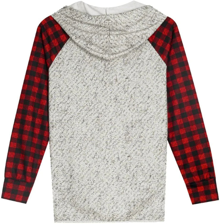 Red and Black Plaid Snowman Buttoned Long Sleeve Sweatshirt