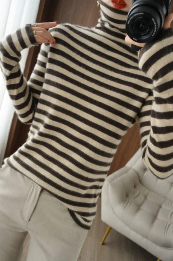 Neutral and Coffee Horizontal Striped Turtleneck Sweater