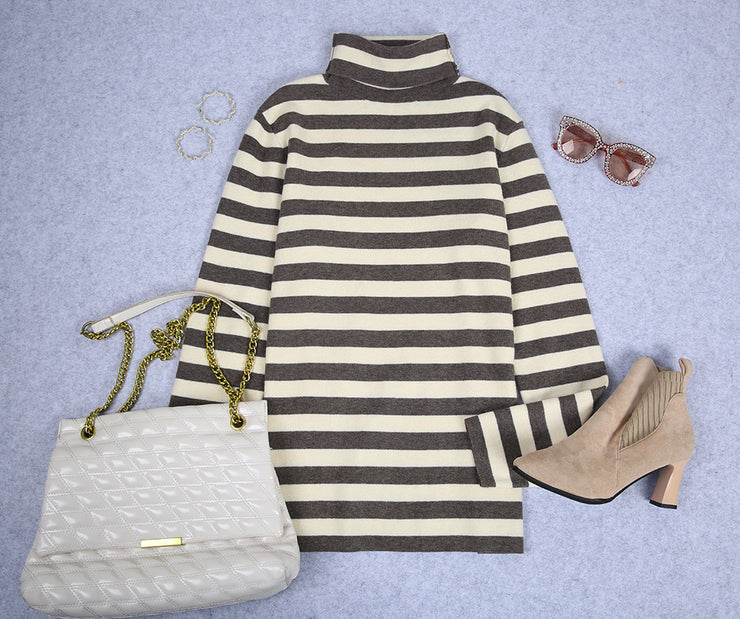 Neutral and Coffee Horizontal Striped Turtleneck Sweater