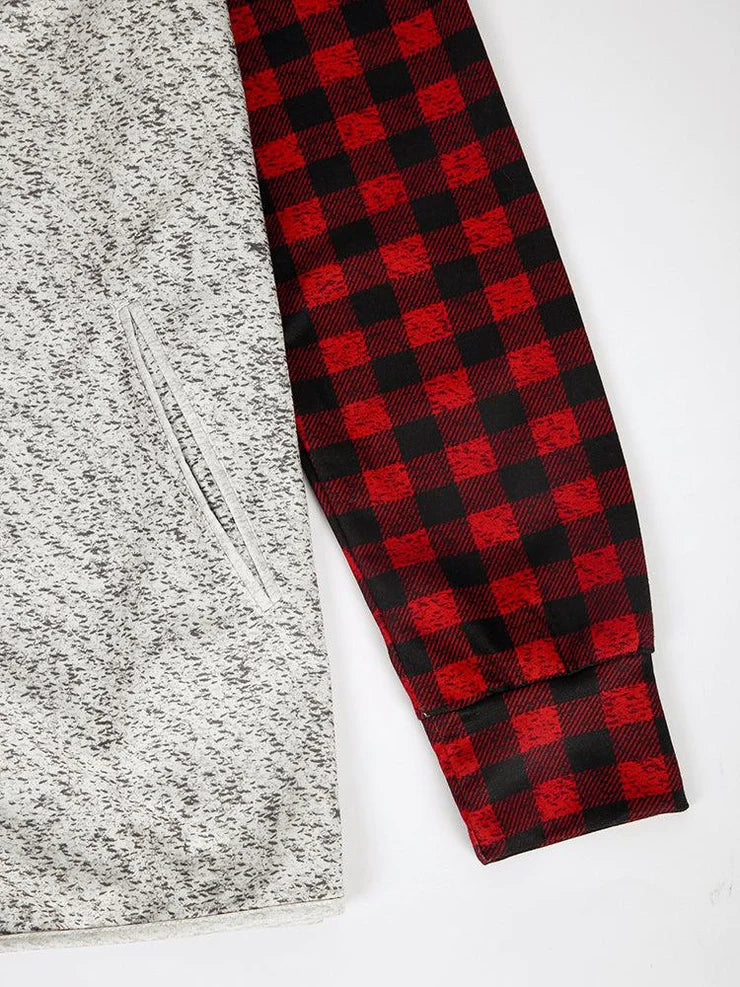 Red and Black Plaid Snowman Buttoned Long Sleeve Sweatshirt