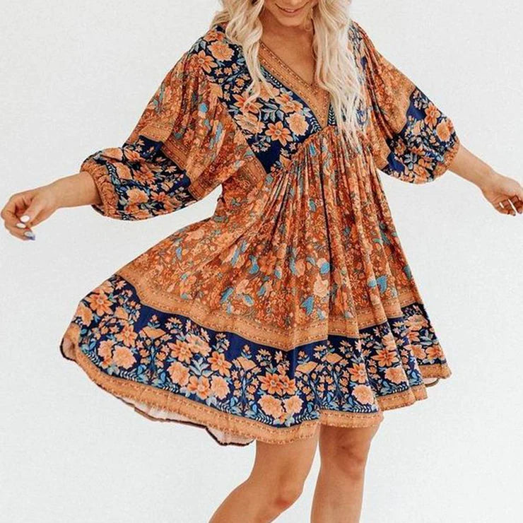 Lady Floral Vintage Long Sleeve Hippie Ruffles Bohemian Dress
