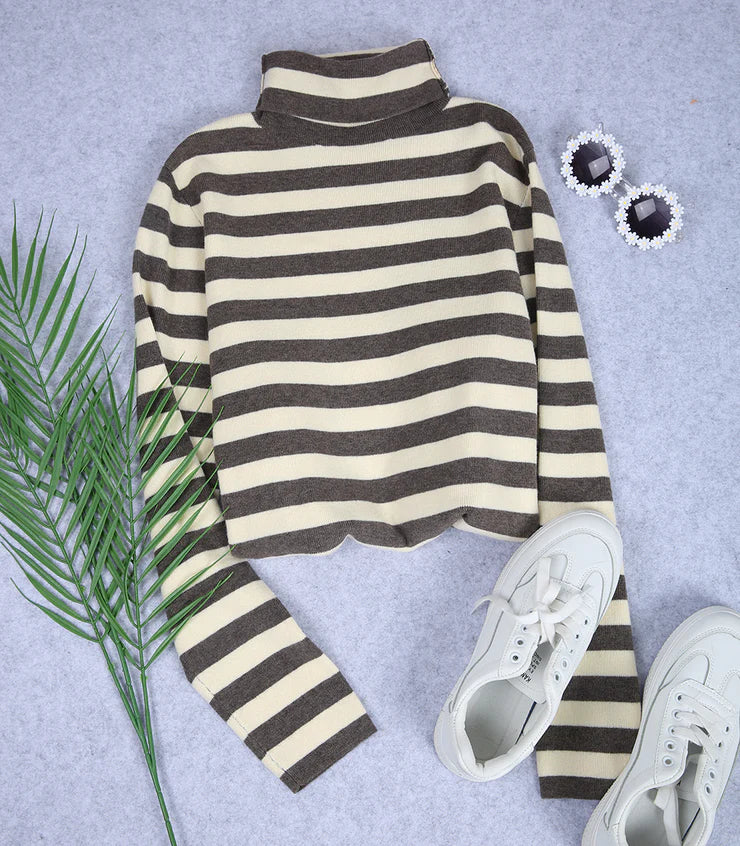 Neutral and Coffee Horizontal Striped Turtleneck Sweater
