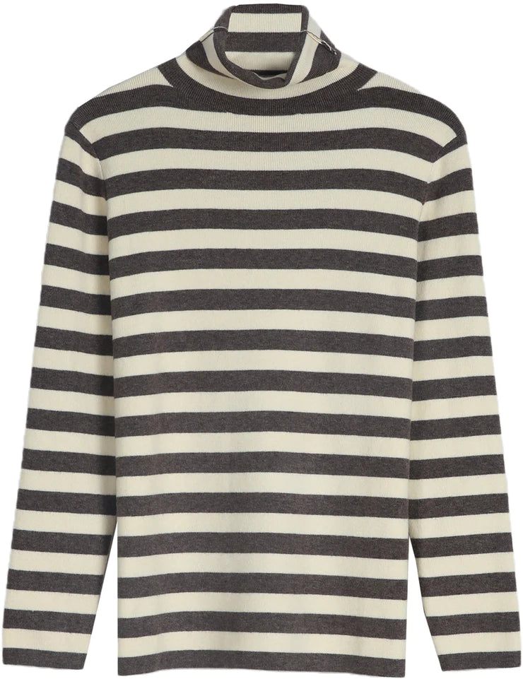 Neutral and Coffee Horizontal Striped Turtleneck Sweater