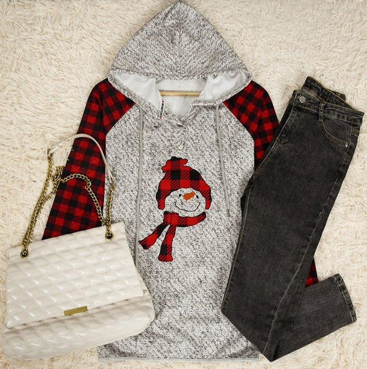 Red and Black Plaid Snowman Buttoned Long Sleeve Sweatshirt