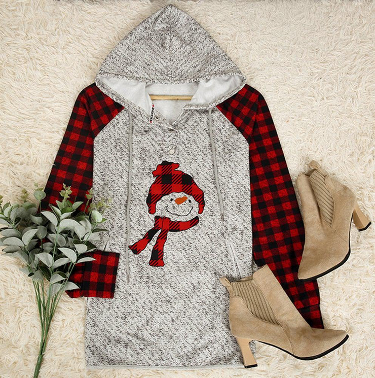 Red and Black Plaid Snowman Buttoned Long Sleeve Sweatshirt