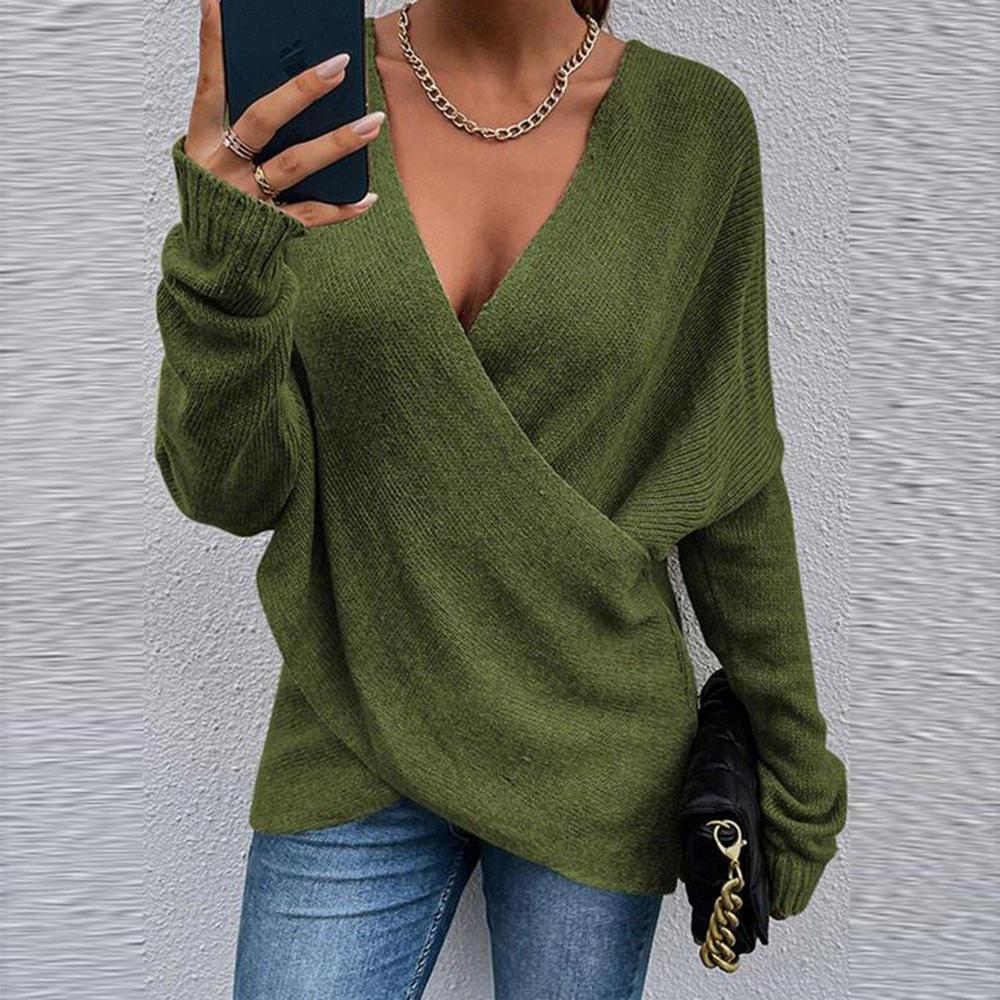 Olive Plunging V-Neck Sexy Sweater