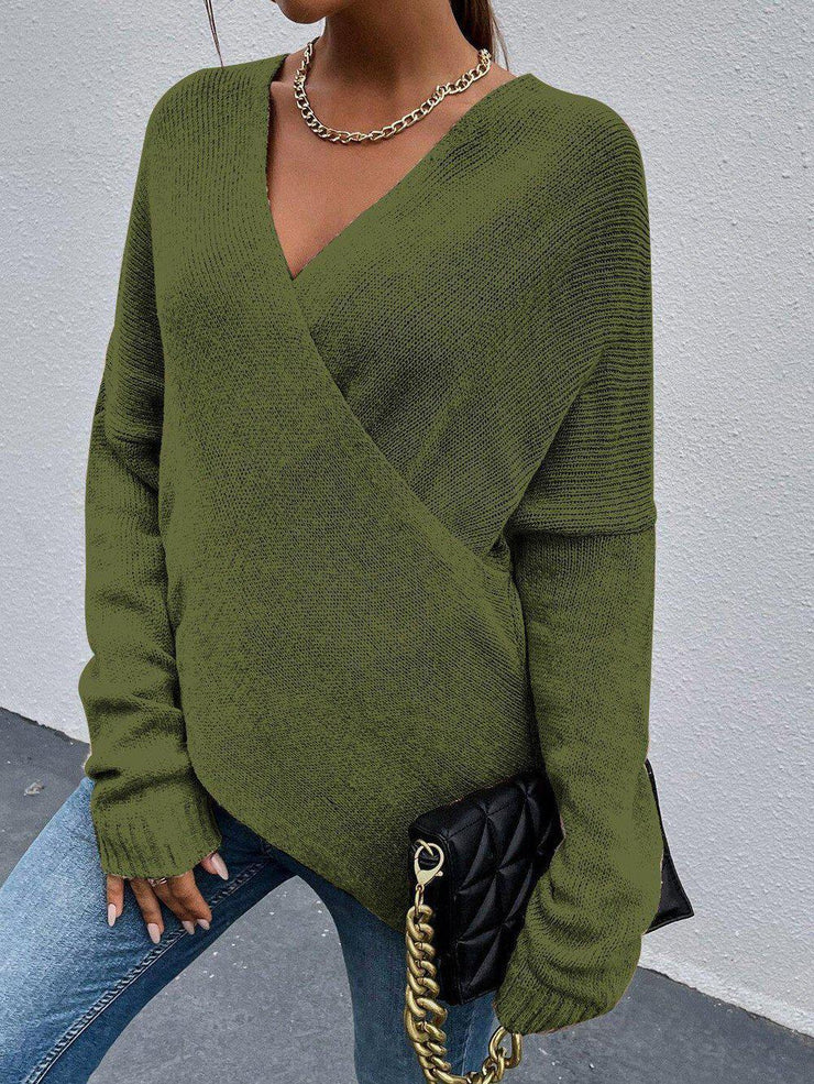 Olive Plunging V-Neck Sexy Sweater