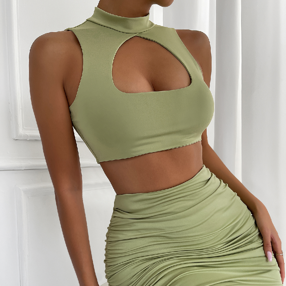 Mock Neck Cutout Tank Crop Top & Skirt Set