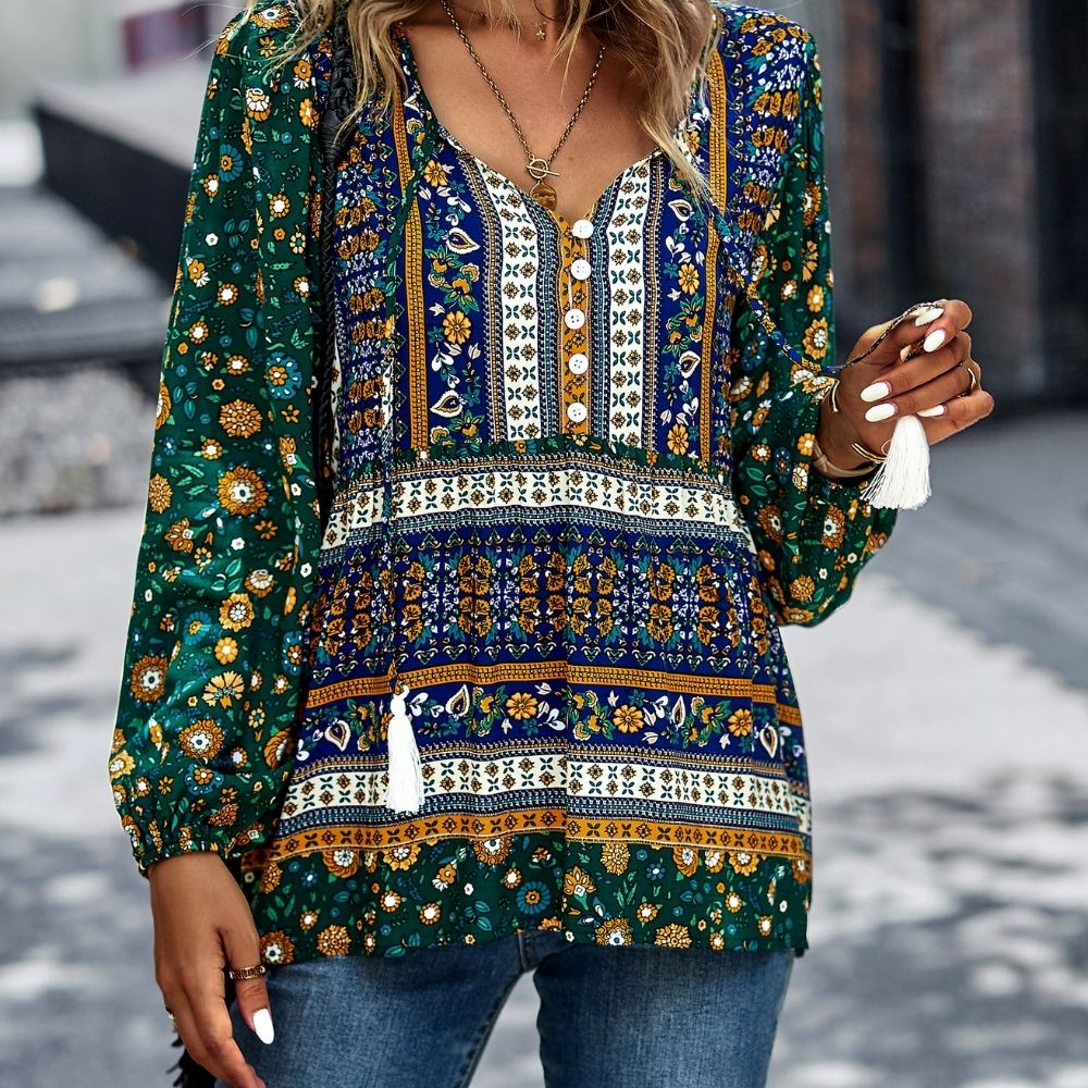 Bohemian Buttoned Tassel Puff Sleeve Blouse