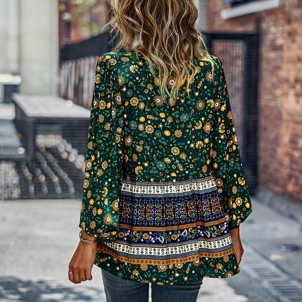 Bohemian Buttoned Tassel Puff Sleeve Blouse