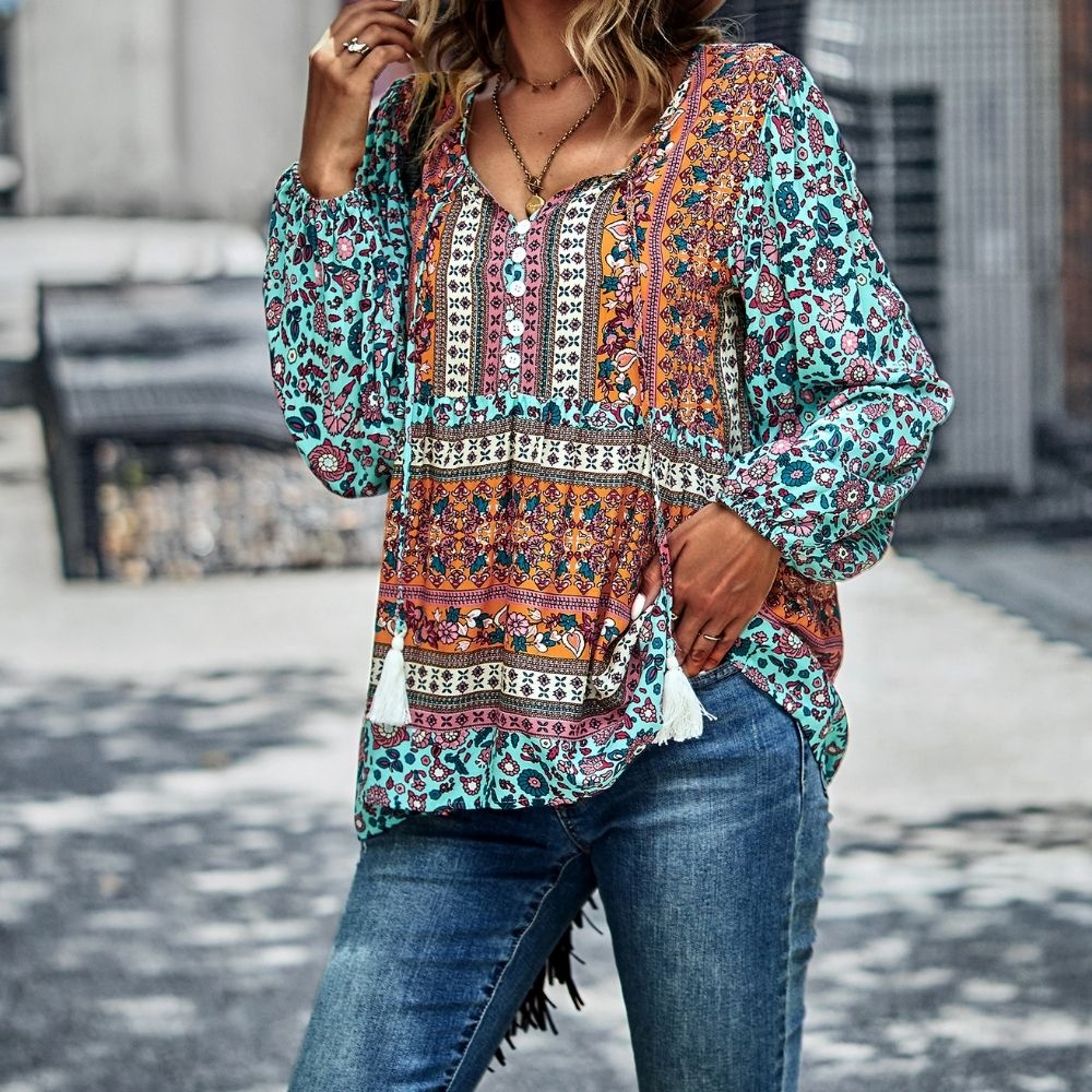 Bohemian Buttoned Tassel Puff Sleeve Blouse