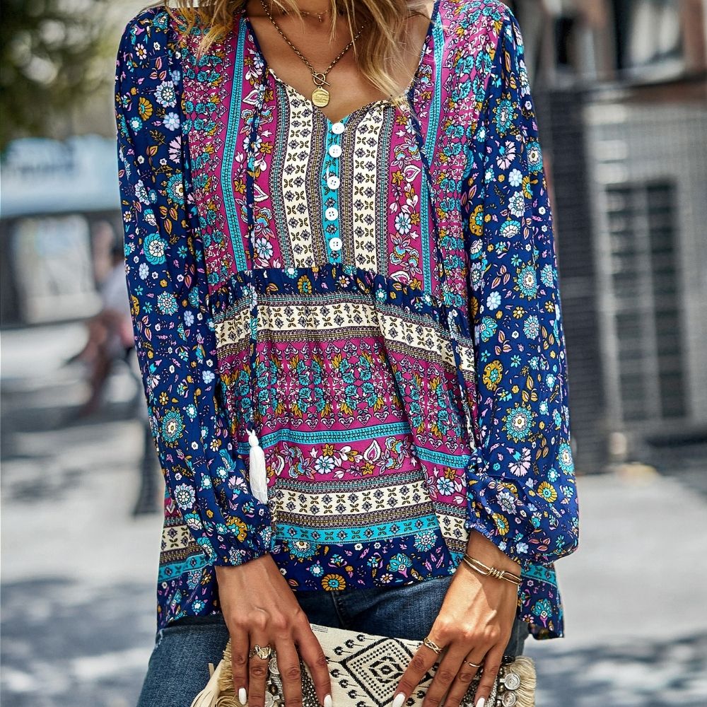 Bohemian Buttoned Tassel Puff Sleeve Blouse
