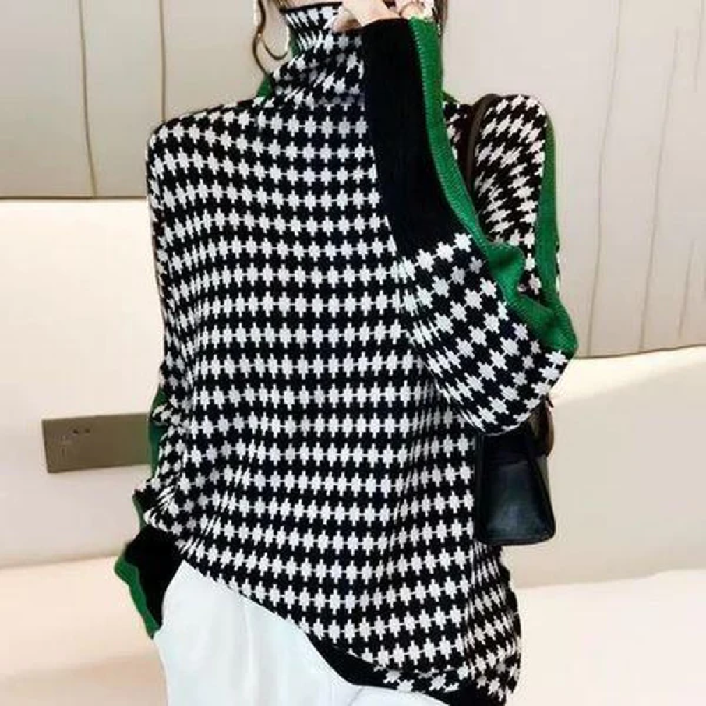 Green Stripe Black and White Diamond Print Sweater