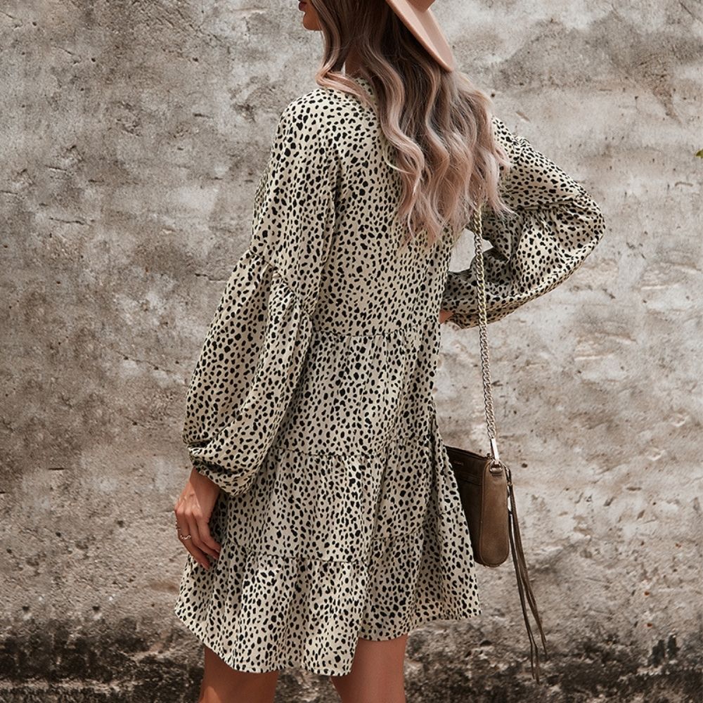 Leopard Print V-Neck Long-Sleeved Dress