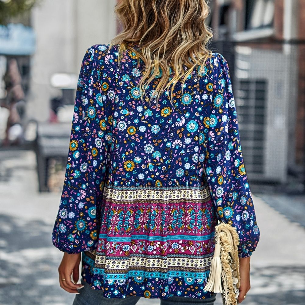Bohemian Buttoned Tassel Puff Sleeve Blouse