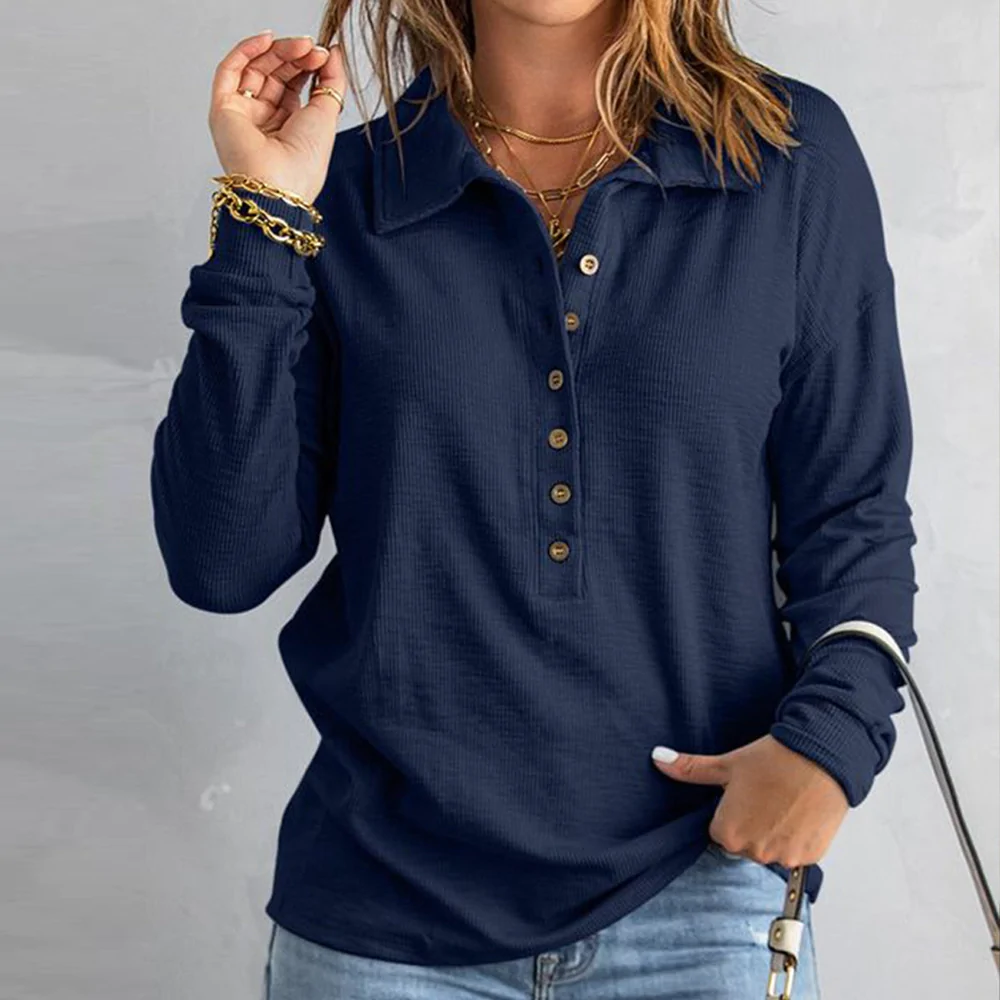 Navy Plain Collared Long Sleeve Top
