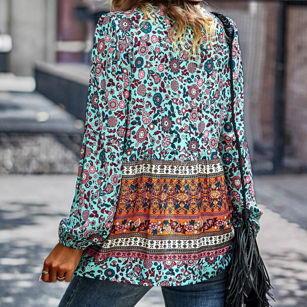 Bohemian Buttoned Tassel Puff Sleeve Blouse