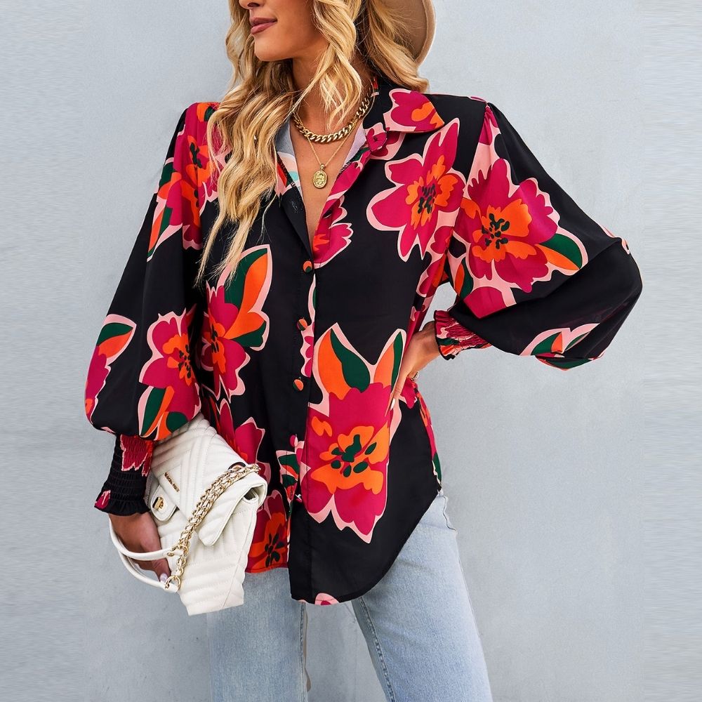 Printed Lantern Sleeve Curved Hem Shirt