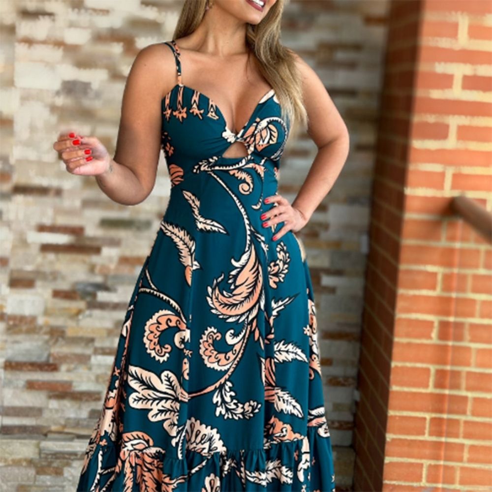 Halter Neck Tropical Print Backless Dress
