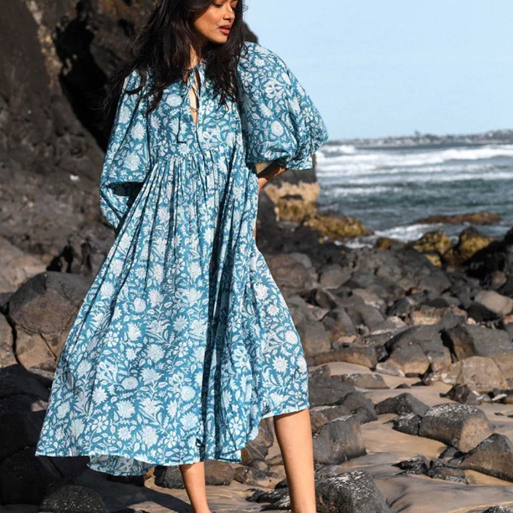 Ocean Blue Bhoo Puff Sleeve Flowy Dress
