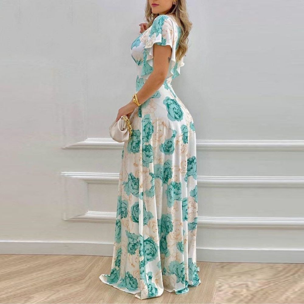 Elegant V Neck Floral Pattern Butterfly Dress