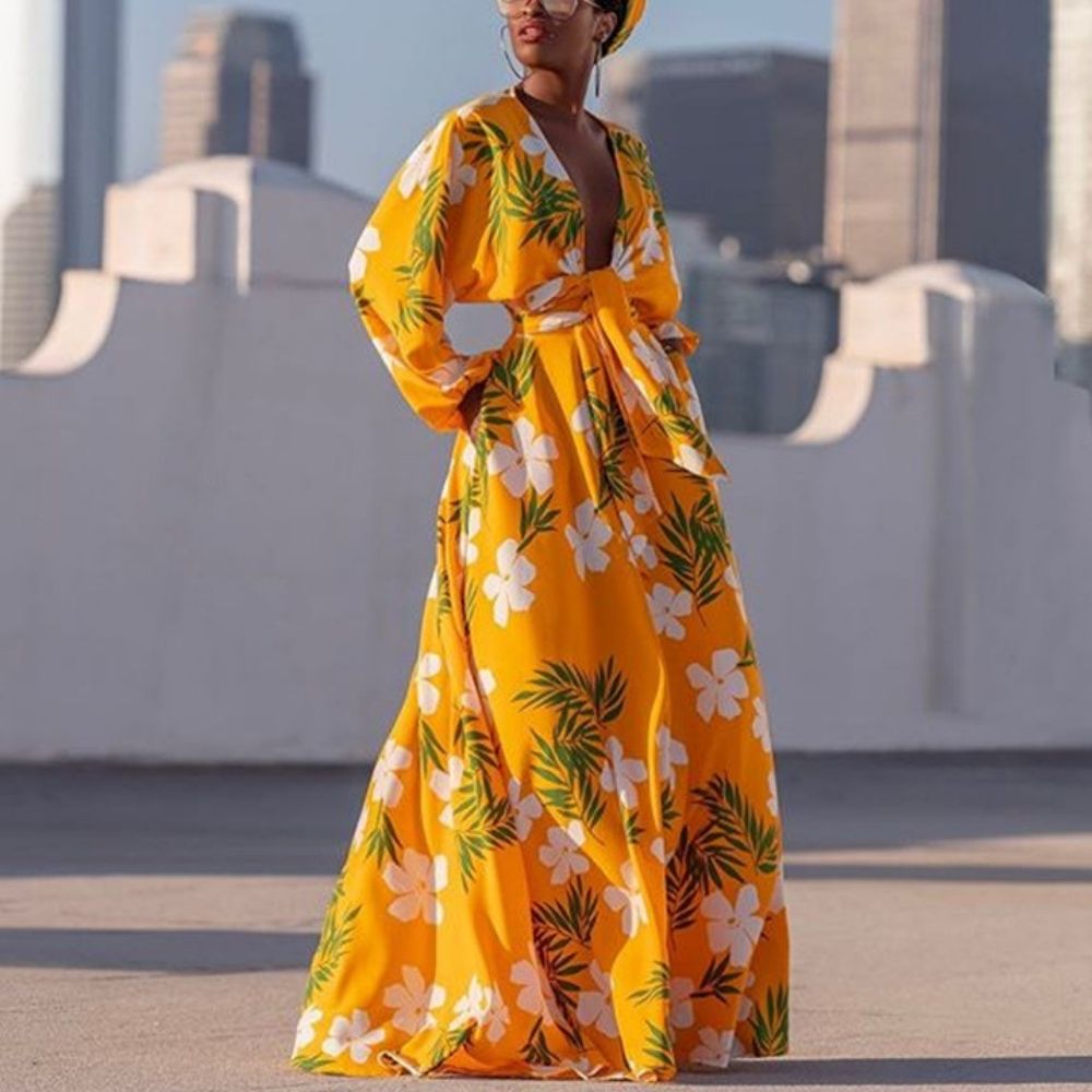 Floral Print Deep V Neck Batwing Sleeve Dress
