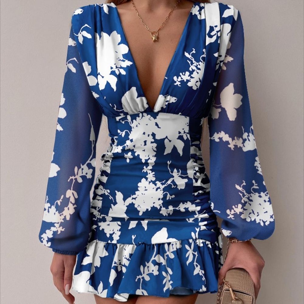 Floral Print Ruffle Hem Ruched Chiffon Dress