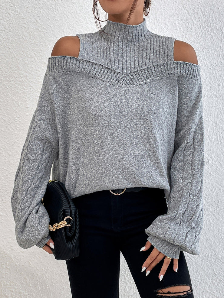 Gray Cold Shoulder Mock Neck Cable Knit Sweater