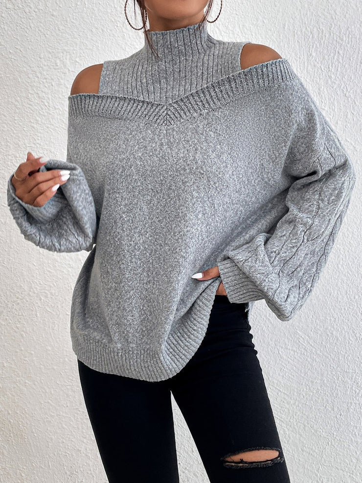 Gray Cold Shoulder Mock Neck Cable Knit Sweater